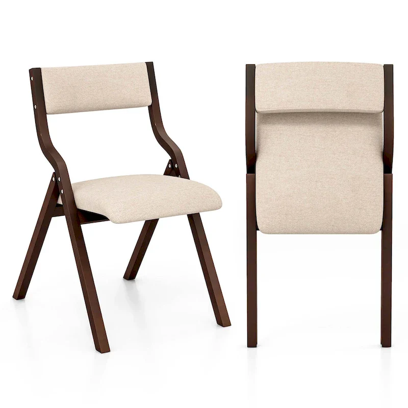 2PCS Folding Dining Chair Wooden Upholstered Linen Fabric Padded Seat