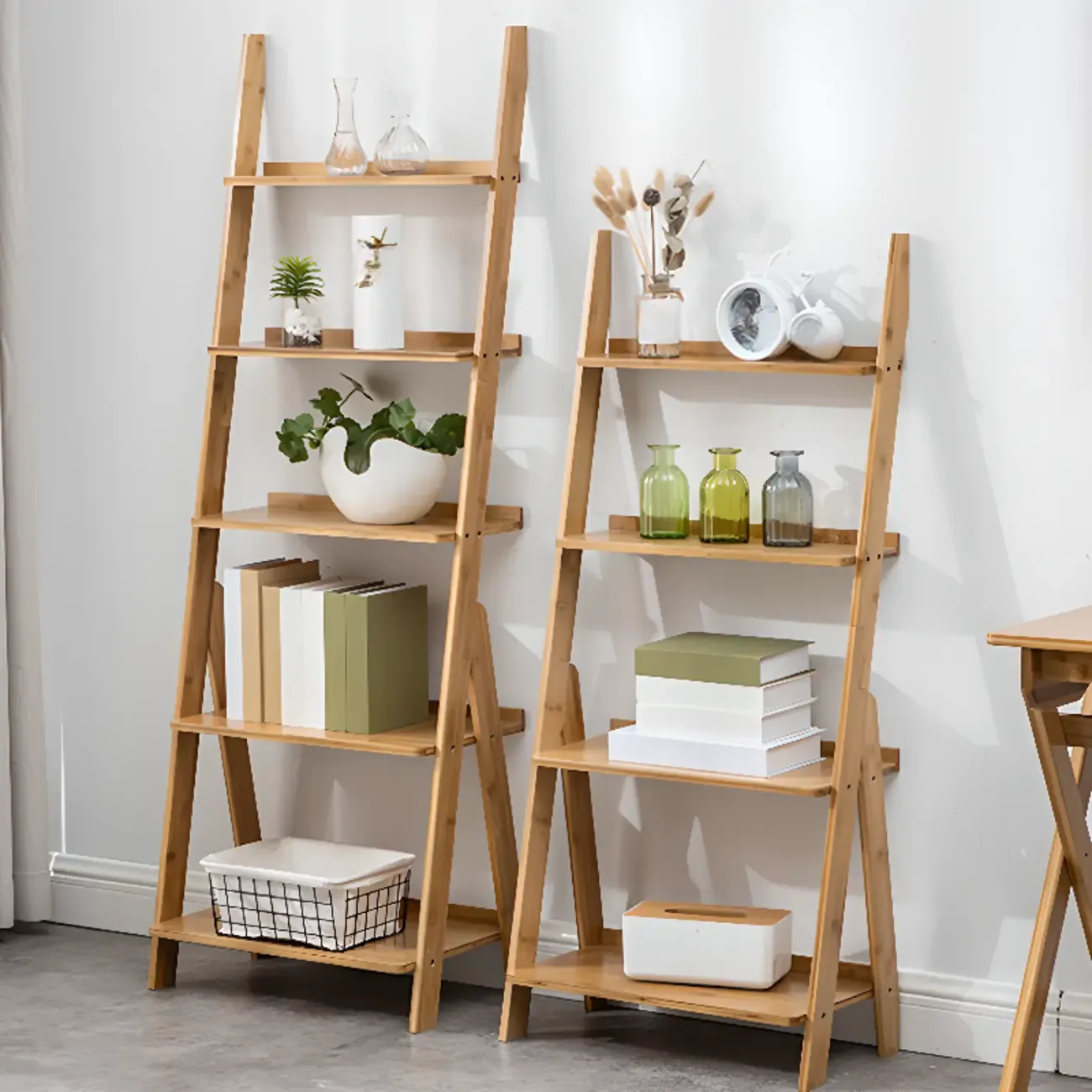 Bamboo Open 4 Shelves Adjustable Ladder Bookcase