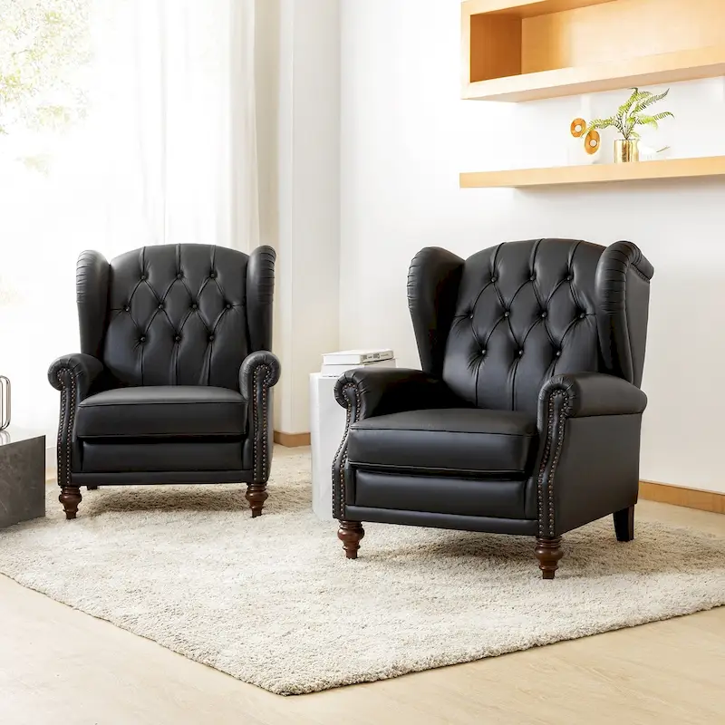Brown Genuine Leather Wingback Armchair with Nailhead Trim, Set of 2, 1-Person