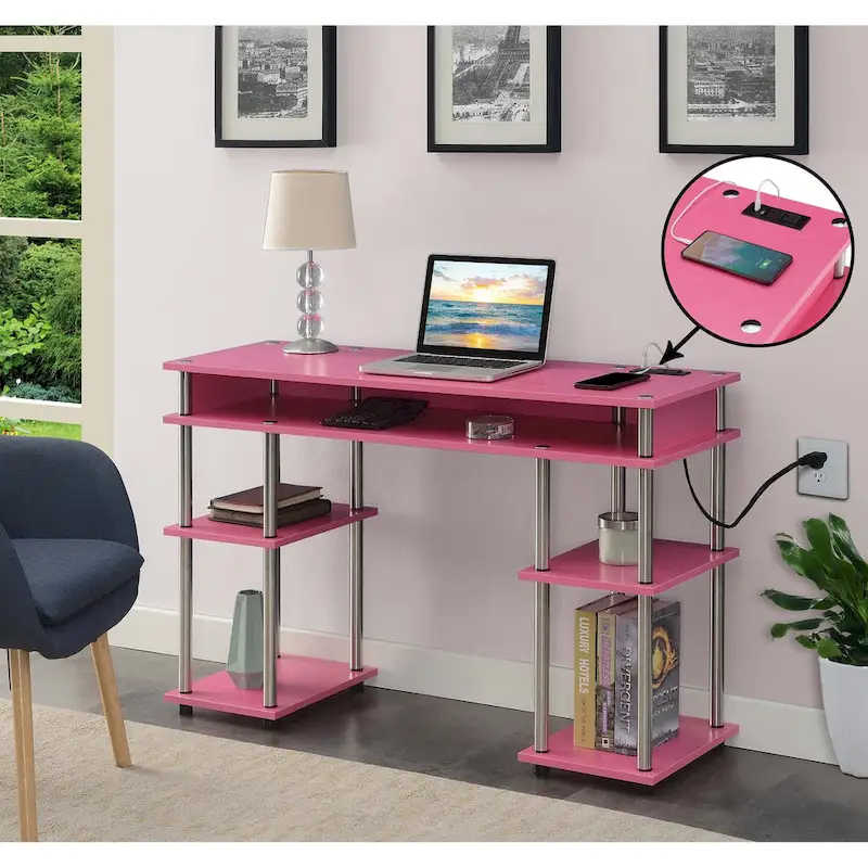 Convenience Concepts Designs2Go No Tools Student Desk with Charging Station and Shelves