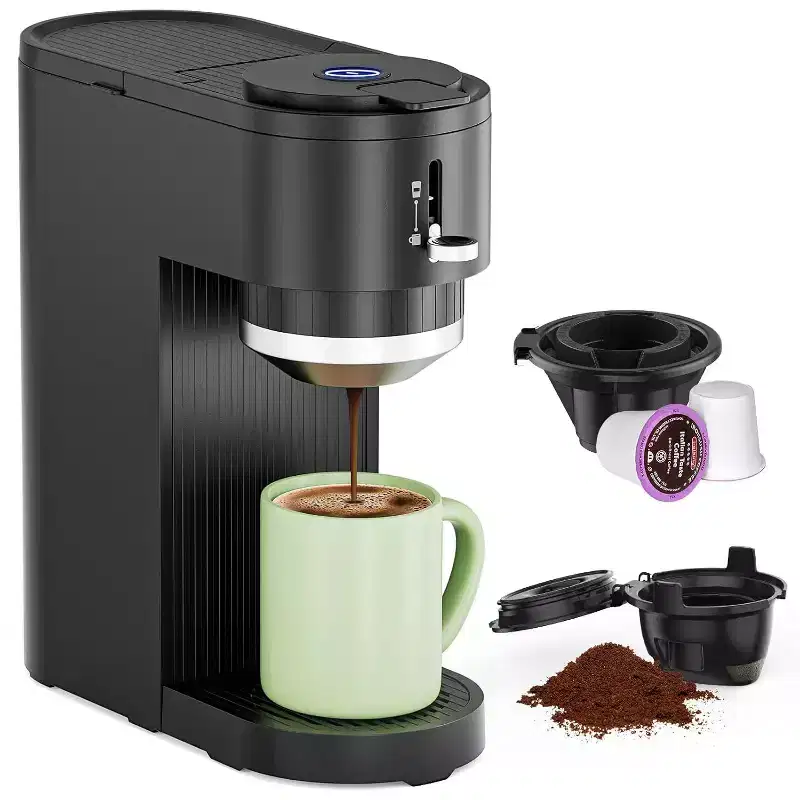 K-Mini Dual Brew Single Serve Coffee Maker  K-Cup  Ground Compatible, Adjustable 614 oz Cup, Auto Clean  Shut-Off  Matte Black