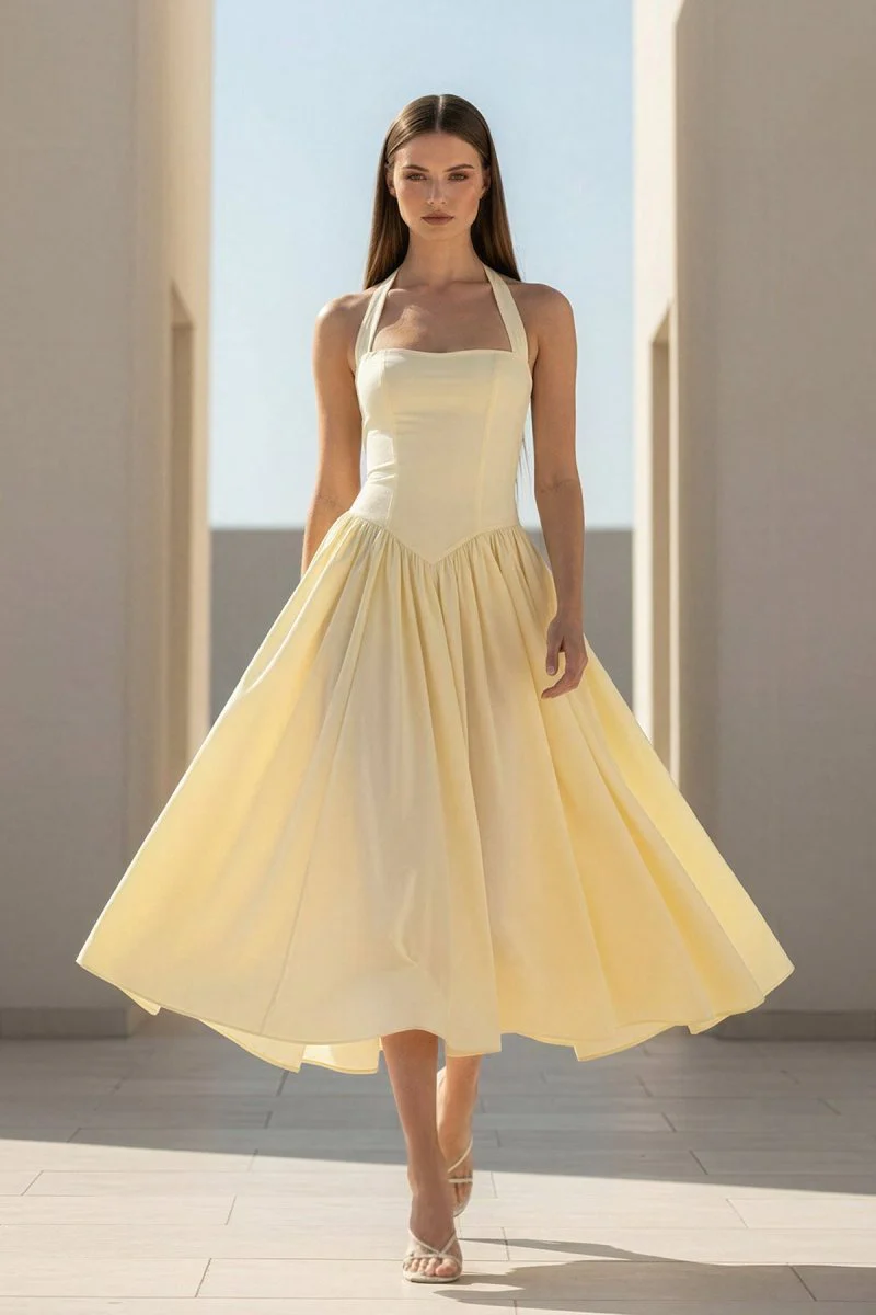Yellow Halter A Line Satin Pleated Tea Length Formal Prom Dresses
