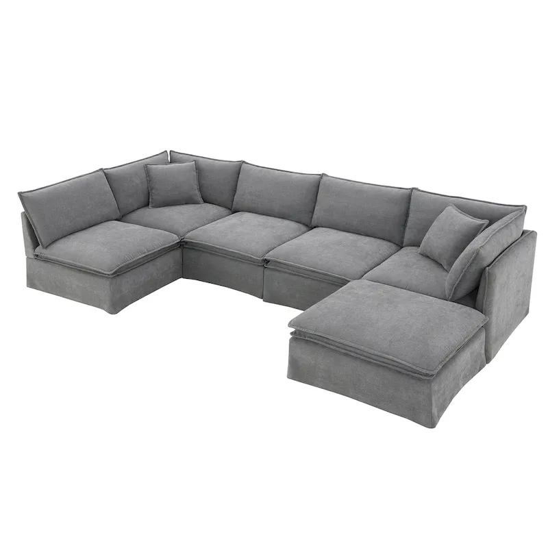 L Shaped Modular Sectional Chenille Sofa with Movable Ottoman