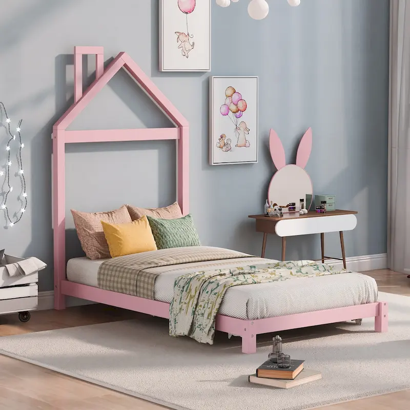 Twin Size Wood Platform Bed with House-shaped Headboard for Kids