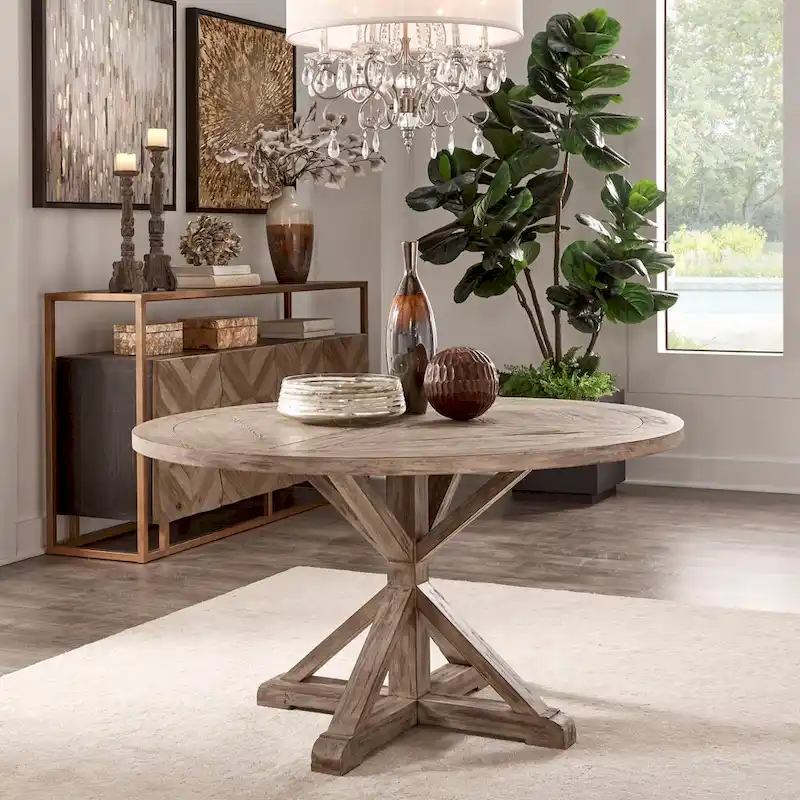 Rustic X-Base Round Pine Wood Dining Table