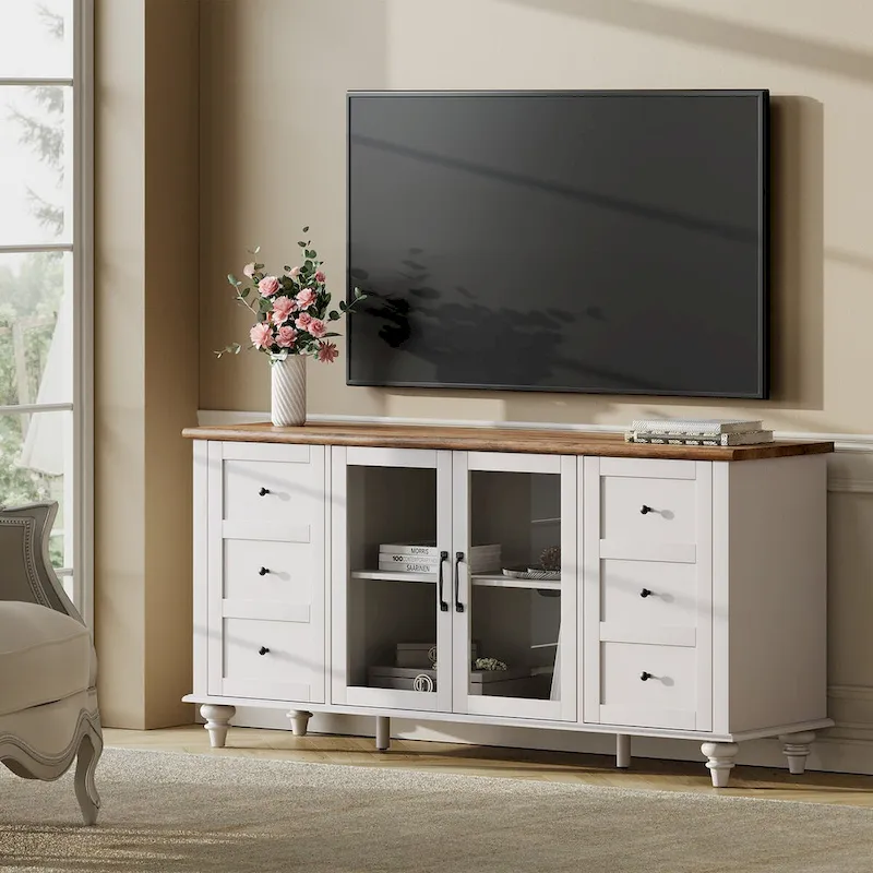 WAMPAT Farmhouse TV Stand with Storage Cabinet, Glass and Wood Entertainment Center Console Table