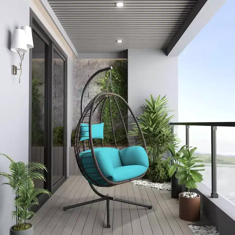 ALAULM Egg Swing Chair Indoor/Outdoor Patio Wicker Rattan Hanging Egg Chair w/Metal Stand, Hammock Swing w/Cushioned Headrest, 485lb Capacity
