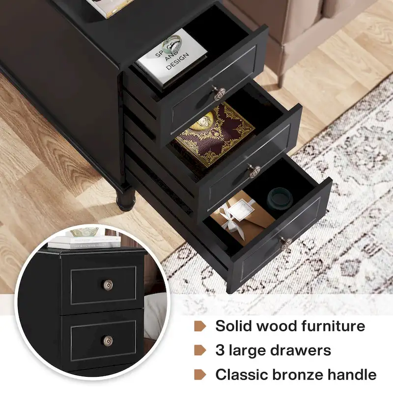 Solid Wood End Table with 3 Drawers, Fully Assembled Narrow Side Table