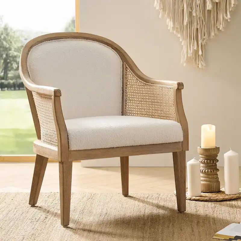 Ivory/Linen Barrel Accent Chair, Rattan & Faux Linen, Single Seat