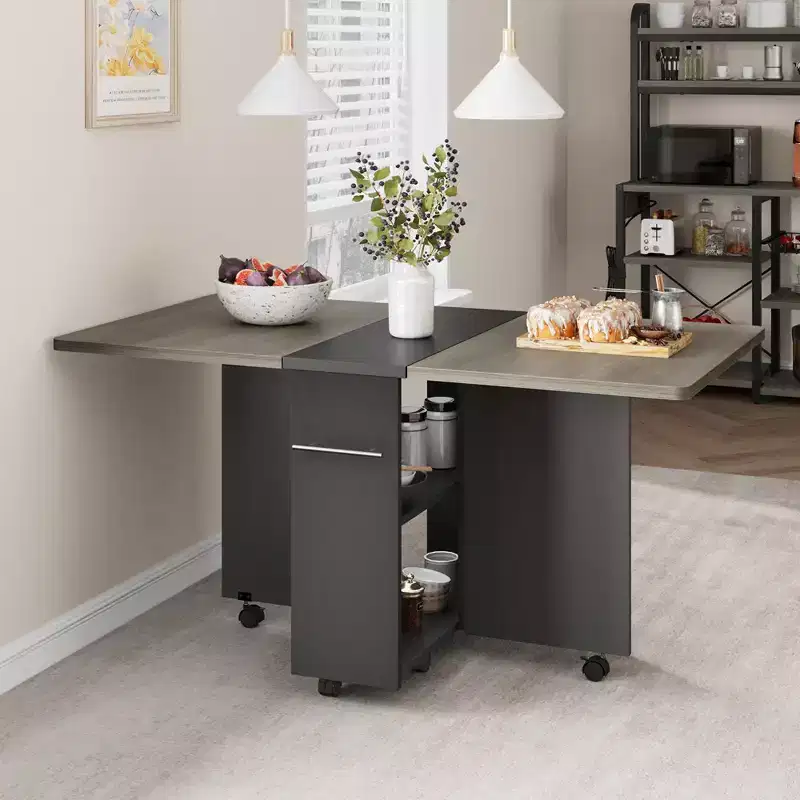 Garvee Folding Dining Table with 2 Storage Racks, Drop Leaf, 6 Wheels, Multifunction Expandable Table for Kitchen, Bedroom, Living Room