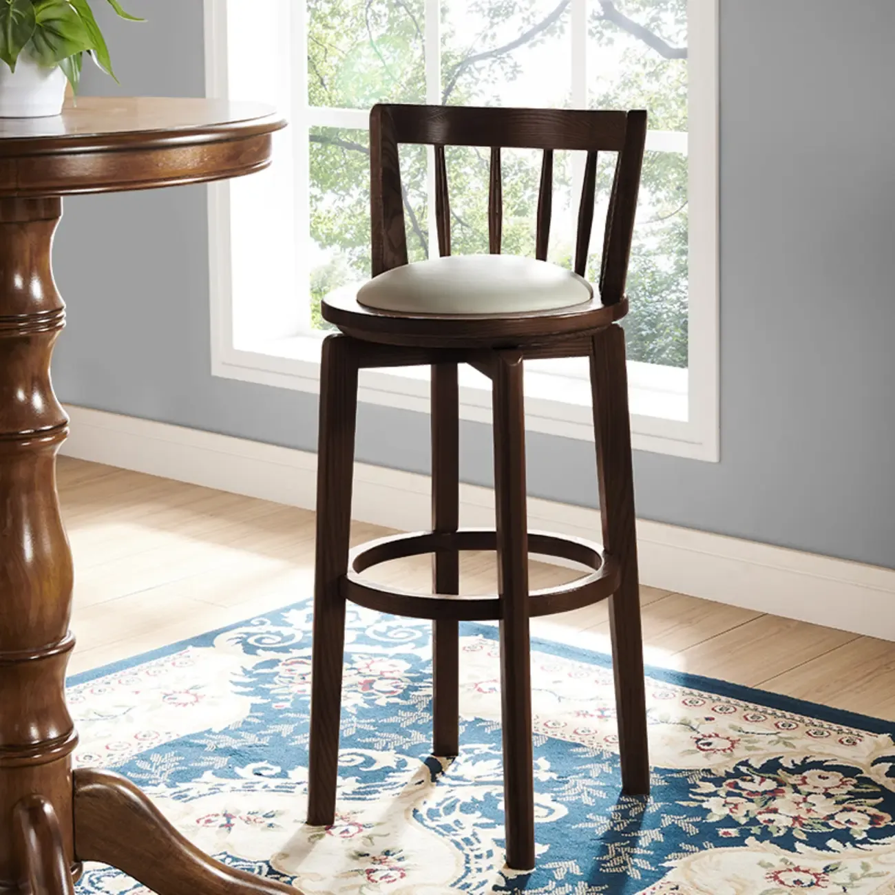 Mid-century Modern Wooden Swivel Bar Stool Upholstered