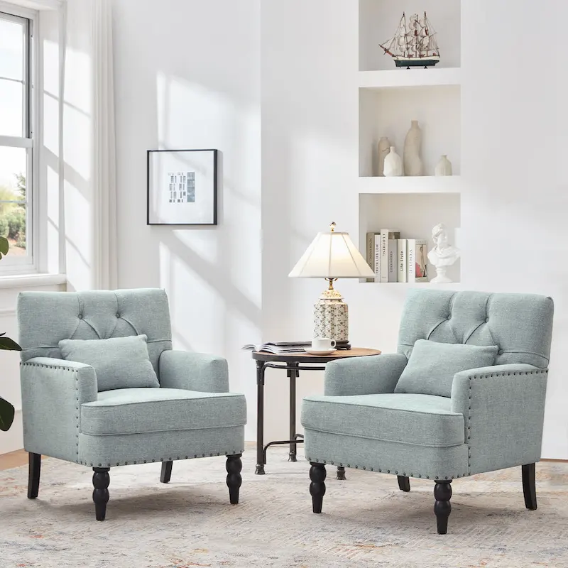 Set of 2 Arm Chair Upholstered Button Tufted Accent Chair with Lumbar Pillow Beige/ Grey/ Light Blue