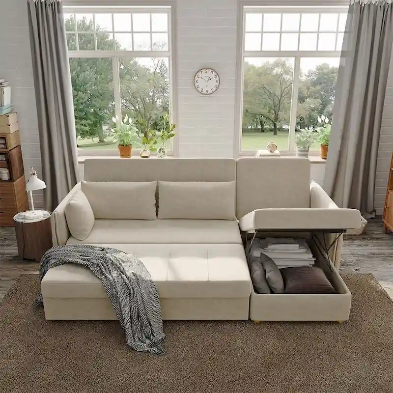 L-Shape Sofa Bed with Scratch-Resistant Fabric and Solid Wood Frame