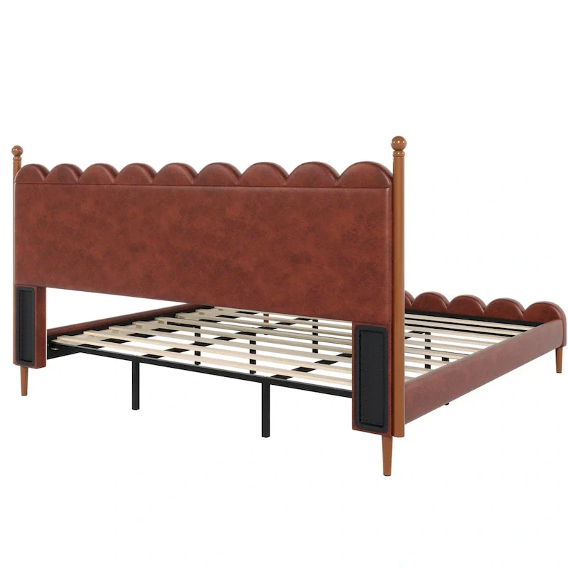 Leather Upholstered Bed with Headboard & Footboard, Solid Wood Slats & Legs