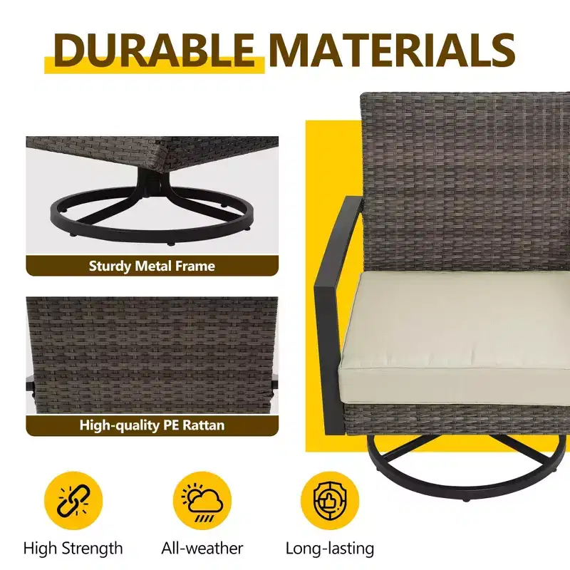 Heynemo 3 Pieces Patio Bistro Set with Swivel Chair and Small Side Table, All Weather Rattan Chairs with Water-Resistant Cushions & Metal Frame