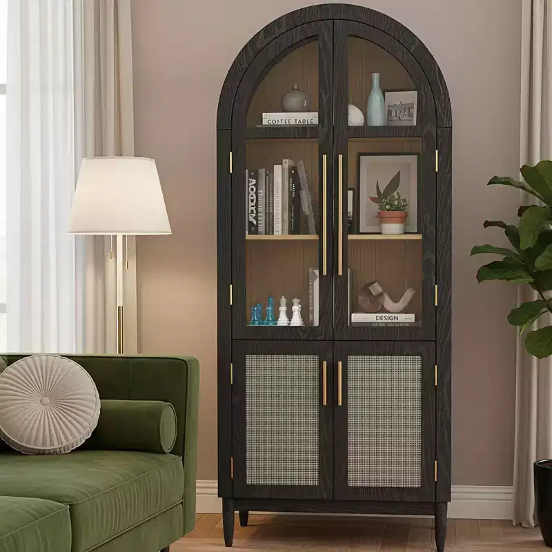 MAYEERTY 71 Tall Arched Storage Cabinet Glass Doors Solid Wood Legs Black