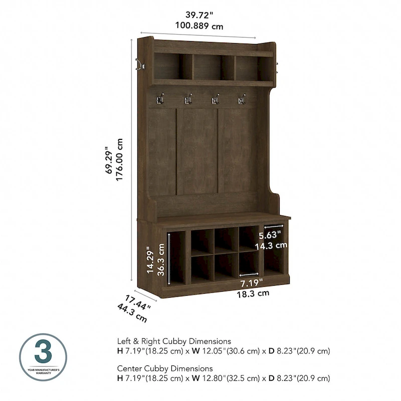 Woodland 40W Hall Tree and Shoe Bench with Shelves by Bush Furniture