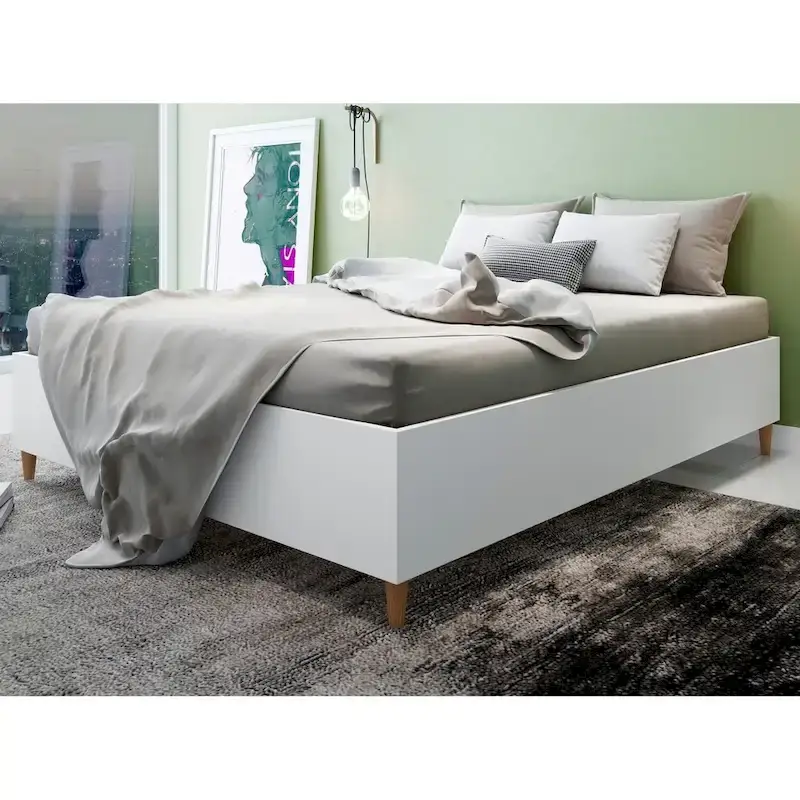 Tan / Brown / White Mid-Century MDF Bed Frame (Queen / King)