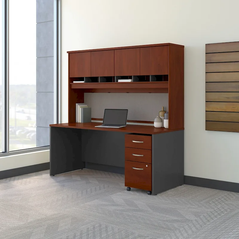 Mahogany / Cherry / Graphite Gray 72-Inch Office Desk with 4-Door Hutch & Mobile File Cabinet, 1-Person
