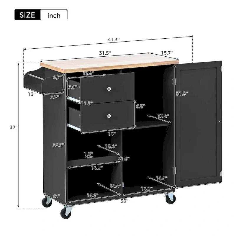 41.3 in. Rolling Kitchen Island with Spice Rack and Two Drawers