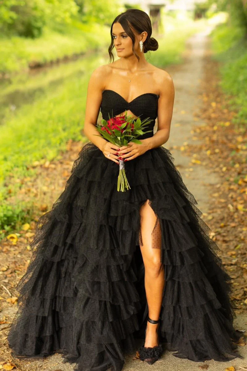 A Line Black Tiered Tulle Strapless Long Prom Dresses with Slit