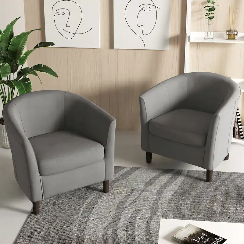 2 Set Modern Linen Barrel Accent Chairs Club Armchair