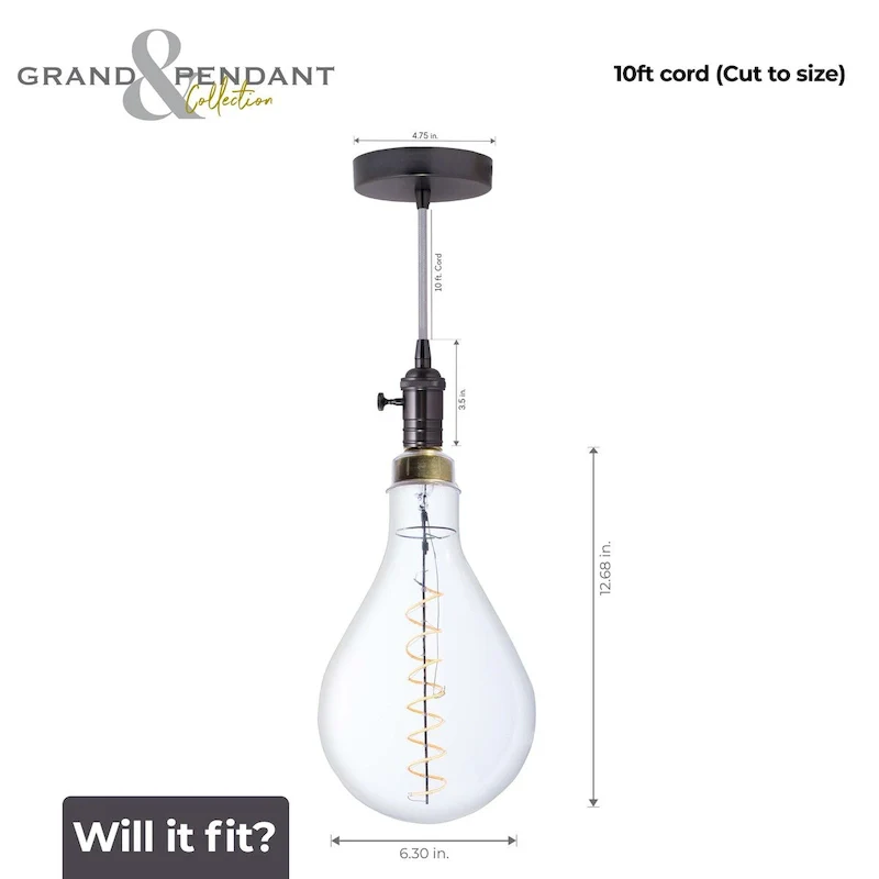 Bulbrite LED Grand Bulb and Pendant Kit of (1) 4 Watt Clear Glass 13  Pear Shaped Bulb