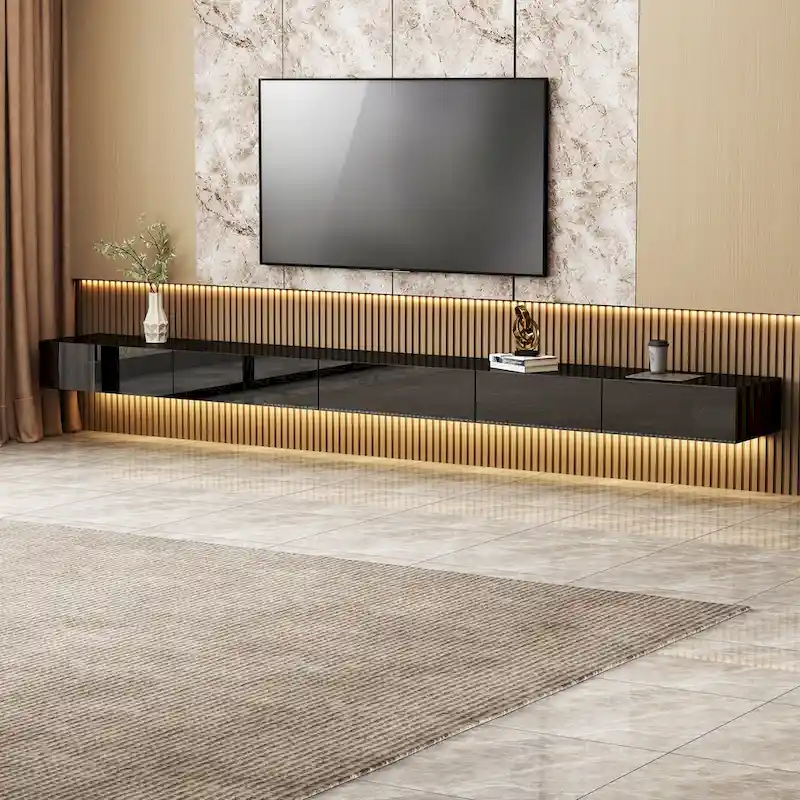Black High-Gloss Wall-Mounted Floating TV Cabinet with LED Lights