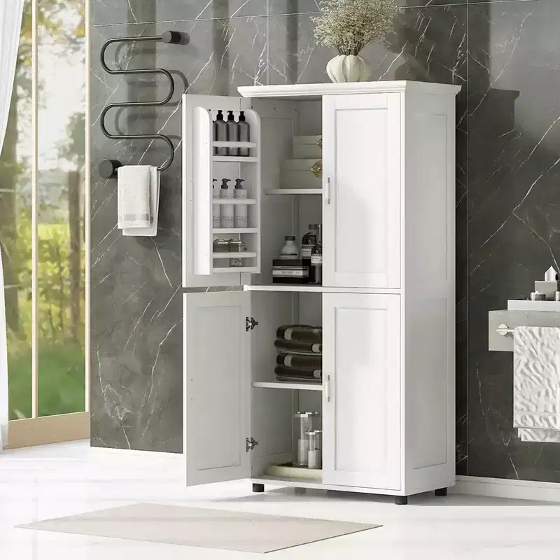 Tall Bathroom Storage Cabinets, Bathroom Floor Cabinet With 4 Doors, Adjustable Shelves, Free Standing Kitchen Pantry