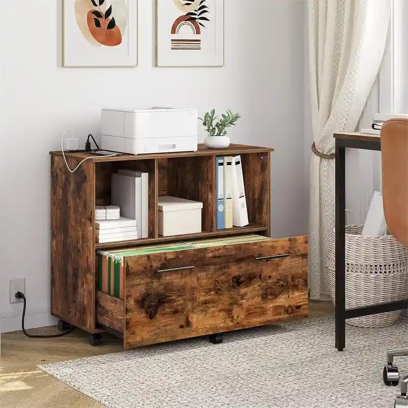 Mobile Lateral Filing Cabinet with Charging Station - 14.2D x 31.5W x 26.6H