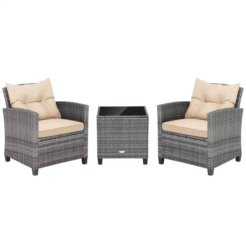 Costway 3PCS Patio Rattan Furniture Bistro Set Cushioned Sofas Side Table Armrest Red/Grey/Navy/Turquoise/Black