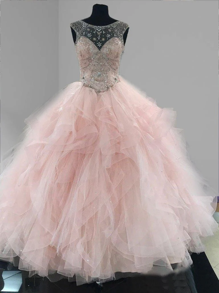 Ball Gown See Through Neck Tulle Light Pink Quinceanera Dresses
