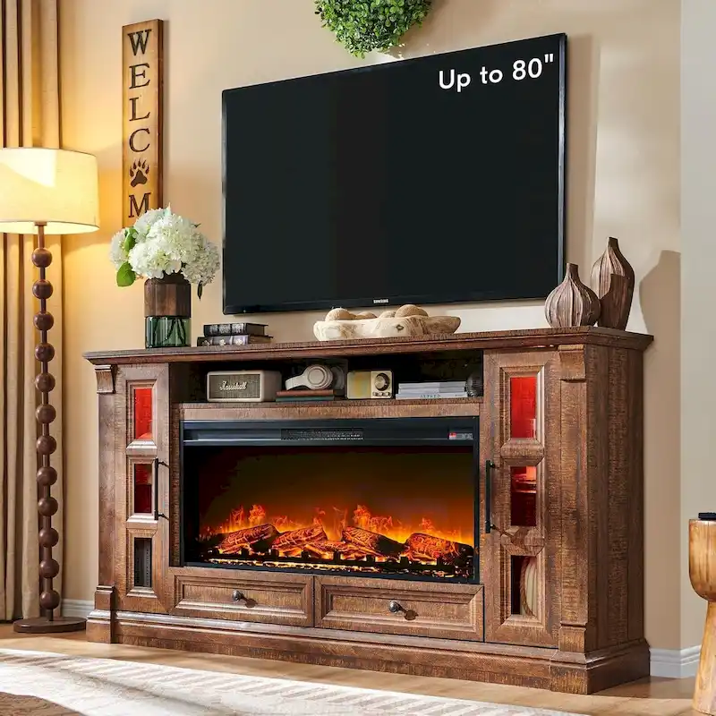 Farmhouse Fireplace TV Stand for up-to-80 TV, Entertainment Center
