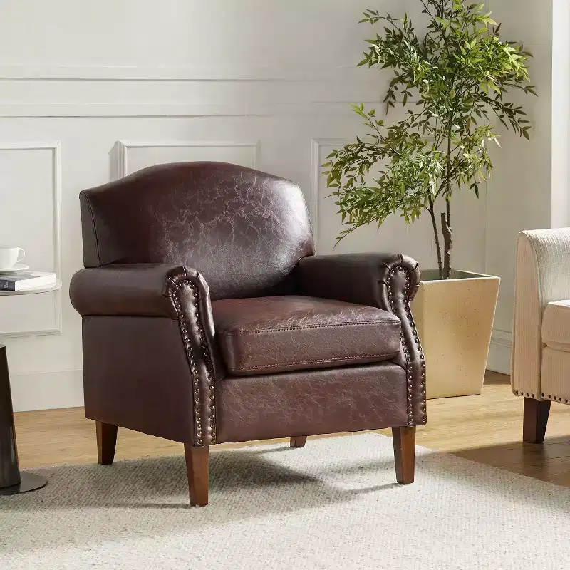 Gianluigi Transitional Vegan Leather Armchair with Nailhead Trim and Solid Wood Legs for Bedroom and Living Room| ART OF LIVING DESIGNS