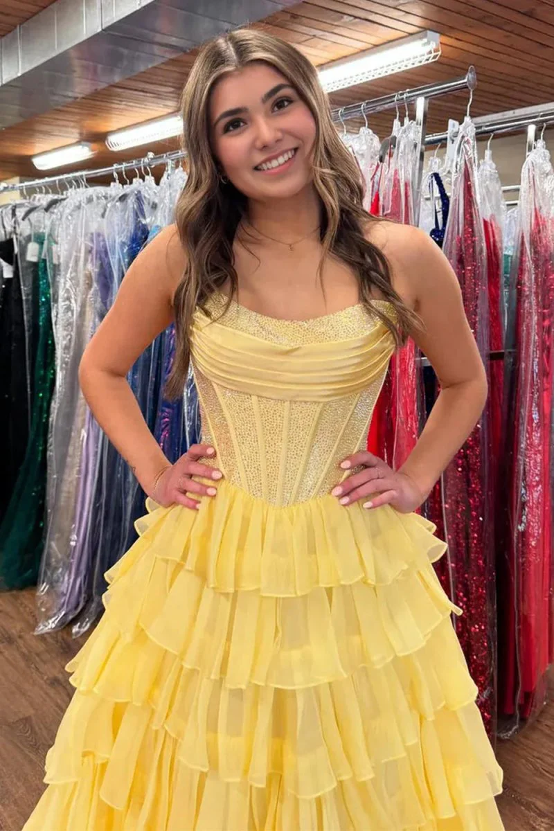 Yellow - A Line Strapless Chiffon Beaded Corset Long Prom Dress With Slit
