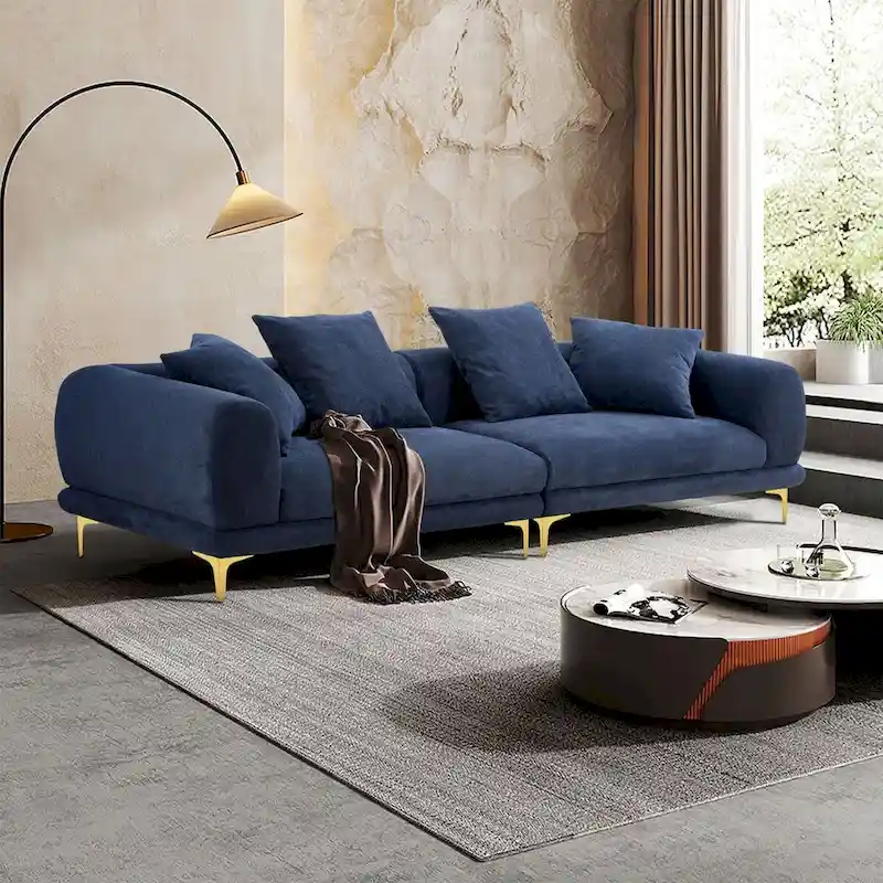 Fabric Sofa with Recessed Arms & Metal Legs – Blue / Beige, Mid-Century Modern, Seats 4