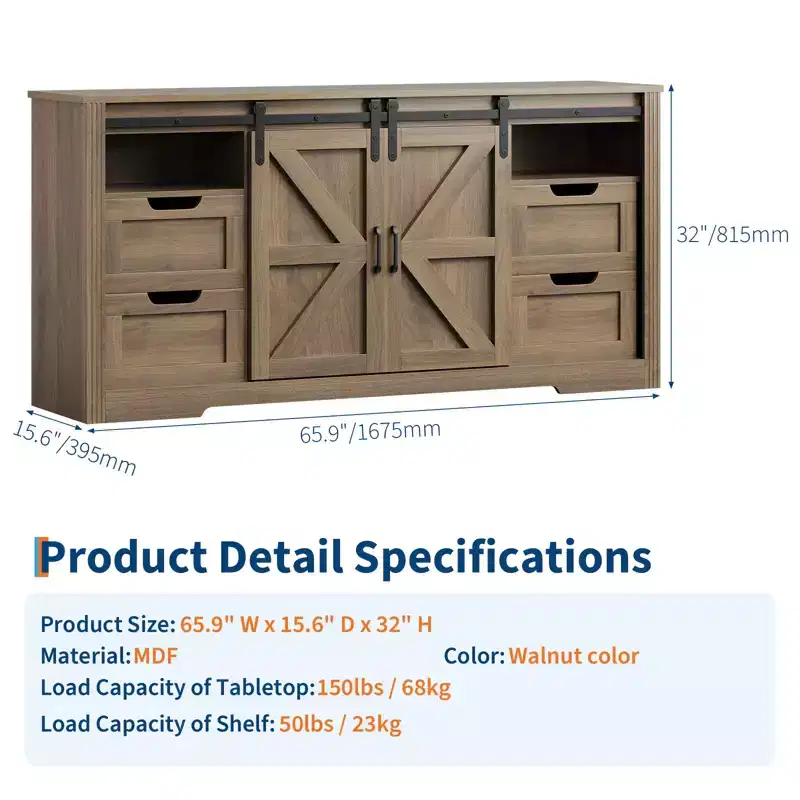 66 Farmhouse TV Stand for Up to 70 Inch TV, 32 Tall Entertainment Center with 4 Drawers & 2 Sliding Barn Doors, for Living Room Office