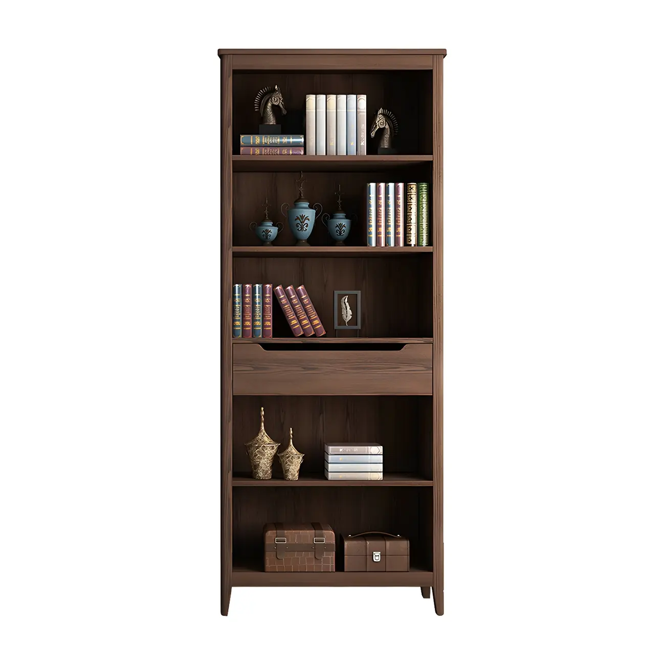 Modern Wooden Bookcase with Adjustable Shelves and Drawers