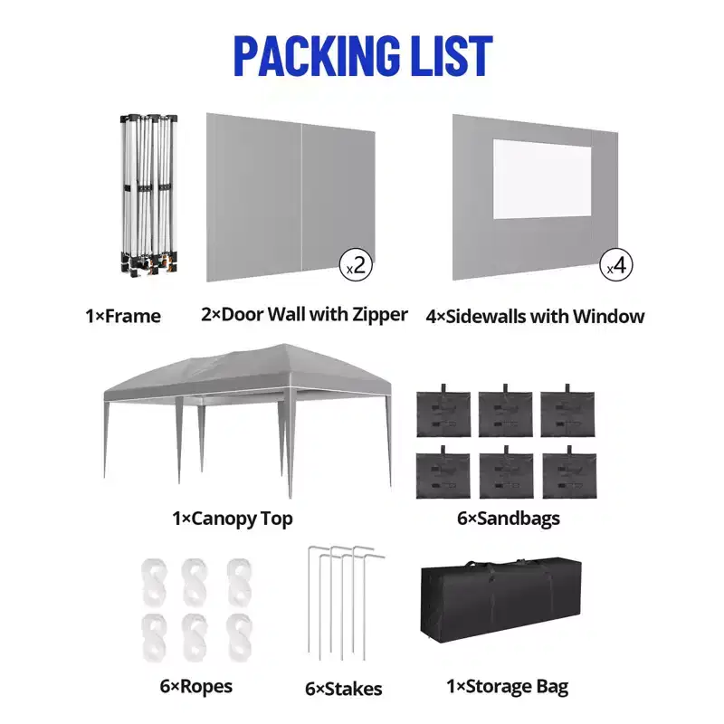 Heavy Duty Pop Up Canopy Tent 10x20 FT with 6 Sidewalls, Waterproof Commercial Gazebo, Adjustable Party Tent