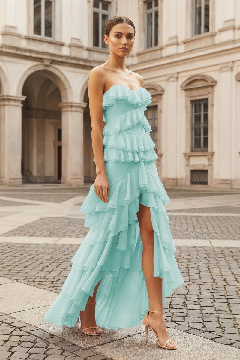 Pink Strapless Sheath Chiffon Ruffled Long Prom Dresses