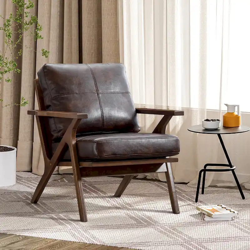 Upholstered Leather Accent Armhair with Solid Wood Frame and Removable Cushions