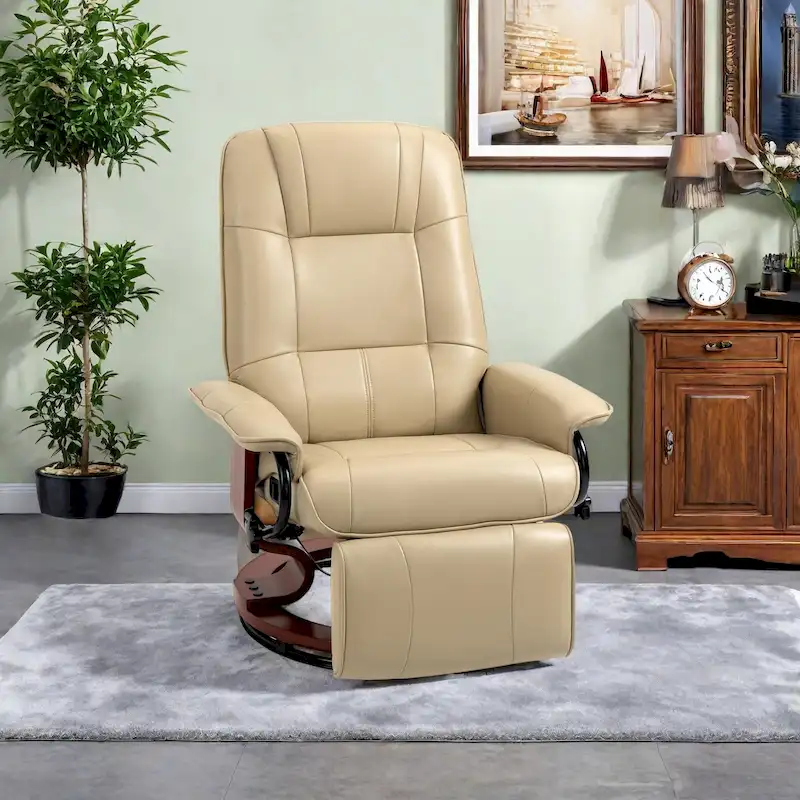 Faux Leather Manual Swivel Recliner Chair with Footrest, Armrest and Wrapped Wood Base