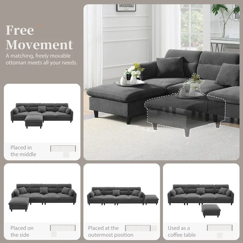 110 Modern L-Shaped Convertible 5-Seat Sectional Sofa with Removable Ottoman and 5 Cushions, Plush Chenille Fabric