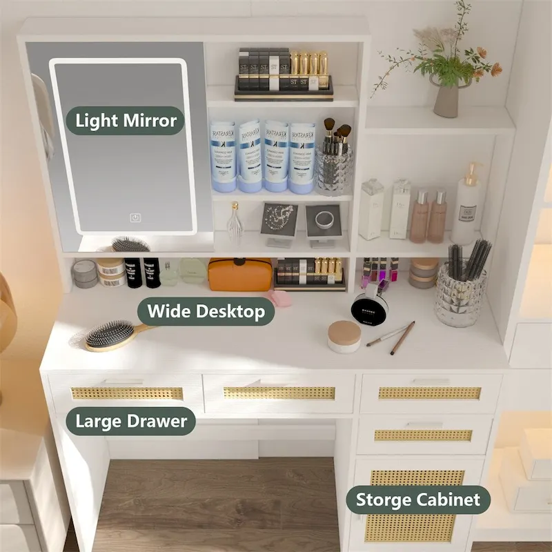 White Vanity Desk with LED Mirror, 4 Drawers & Cabinet, 1-Person