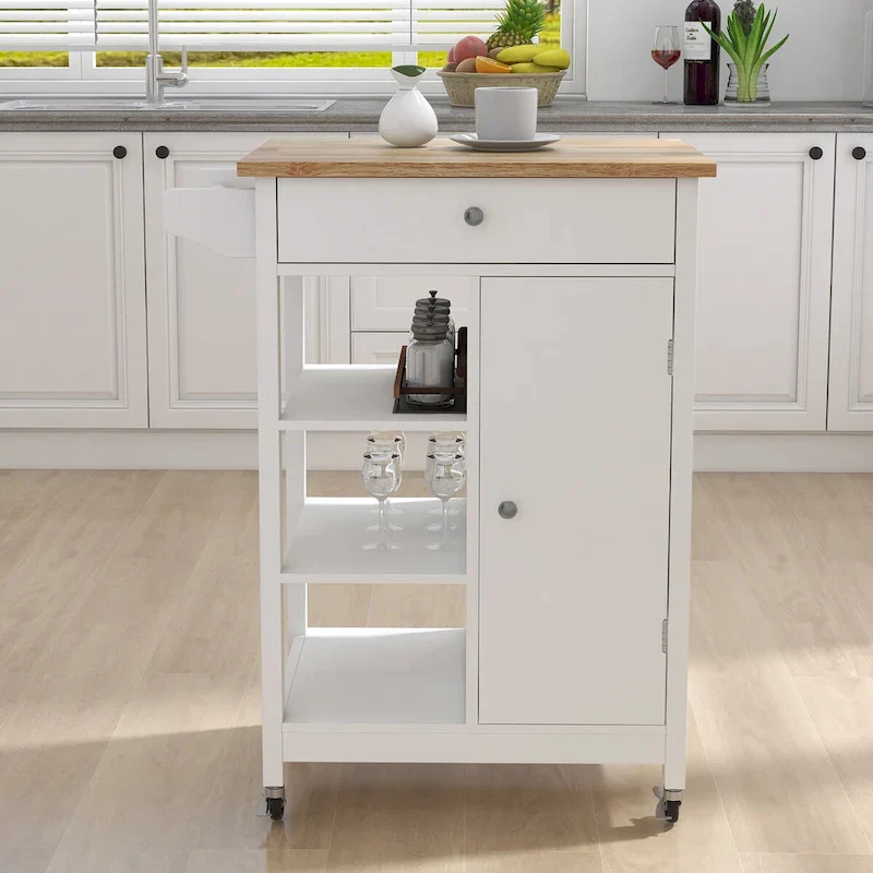 Kitchen Island Rolling Cart with Adjustable Shelves and Towel Rack, Rubberwood Top