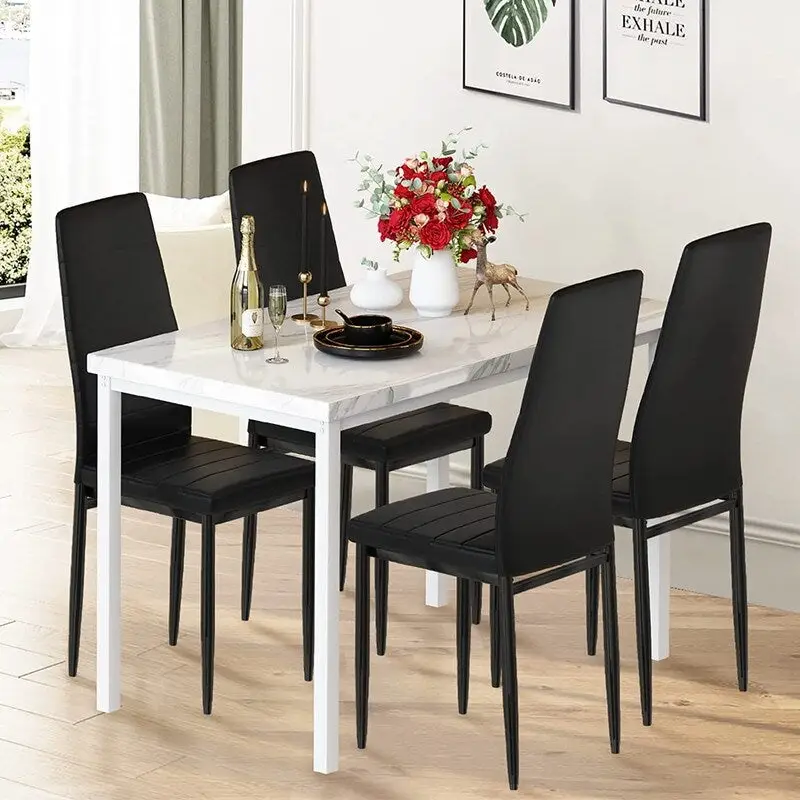 Modern 5-Piece Kitchen Dining Set, Counter Height Dinette Set with Marble Look Top and 4 Upholstered PU Leather Chairs