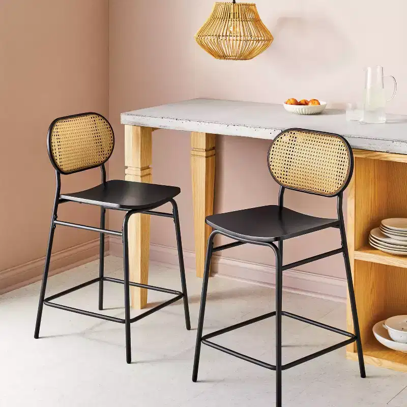 Set of 2 24" Wicker Back Metal Counter Height Barstool with Footrest Black - Room Essentials™