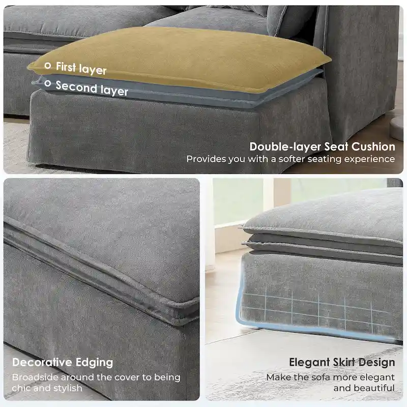 L Shaped Modular Sectional Chenille Sofa with Movable Ottoman