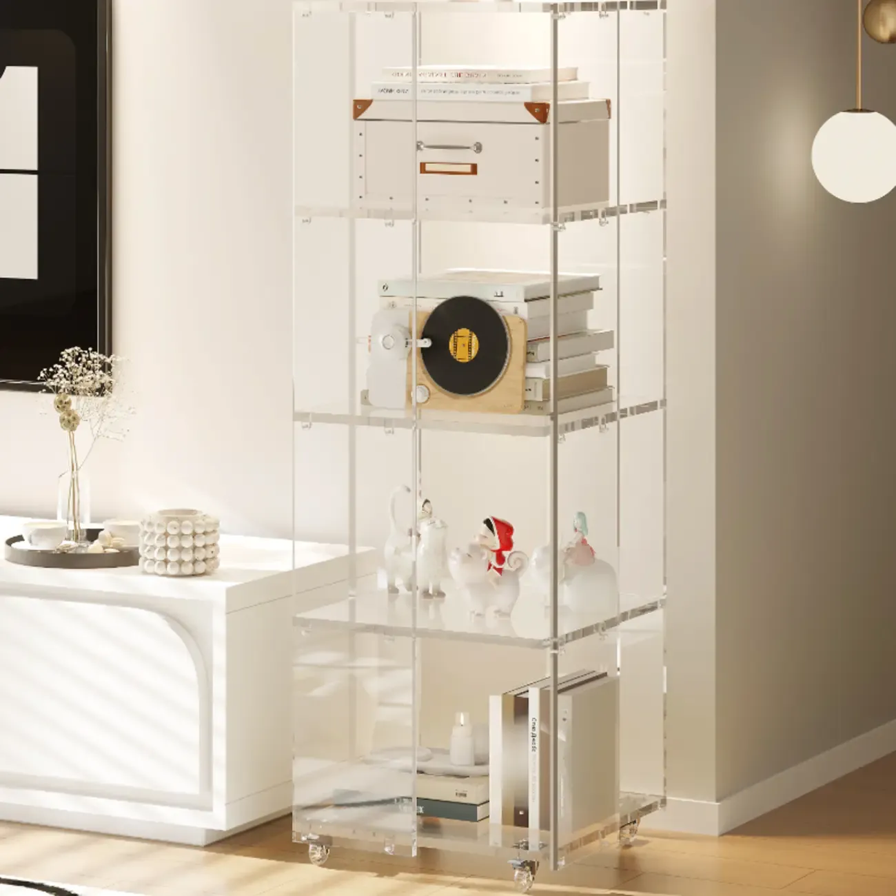 Modern Clear Lucite Vertical Etagere Rolling Bookshelf