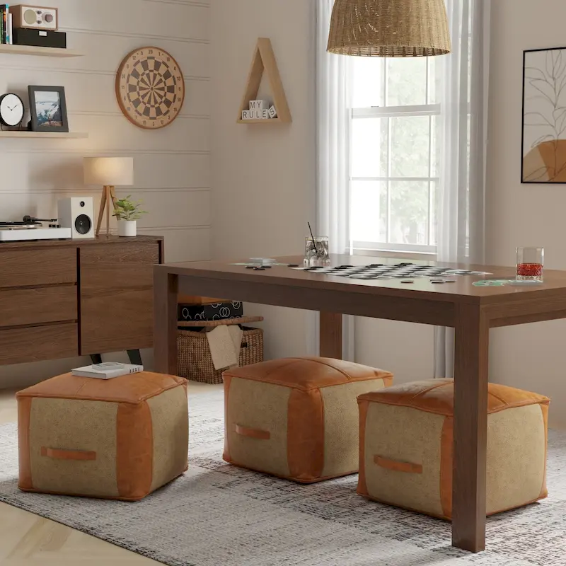 Boho Round Leather and Jute Pouf in Tan